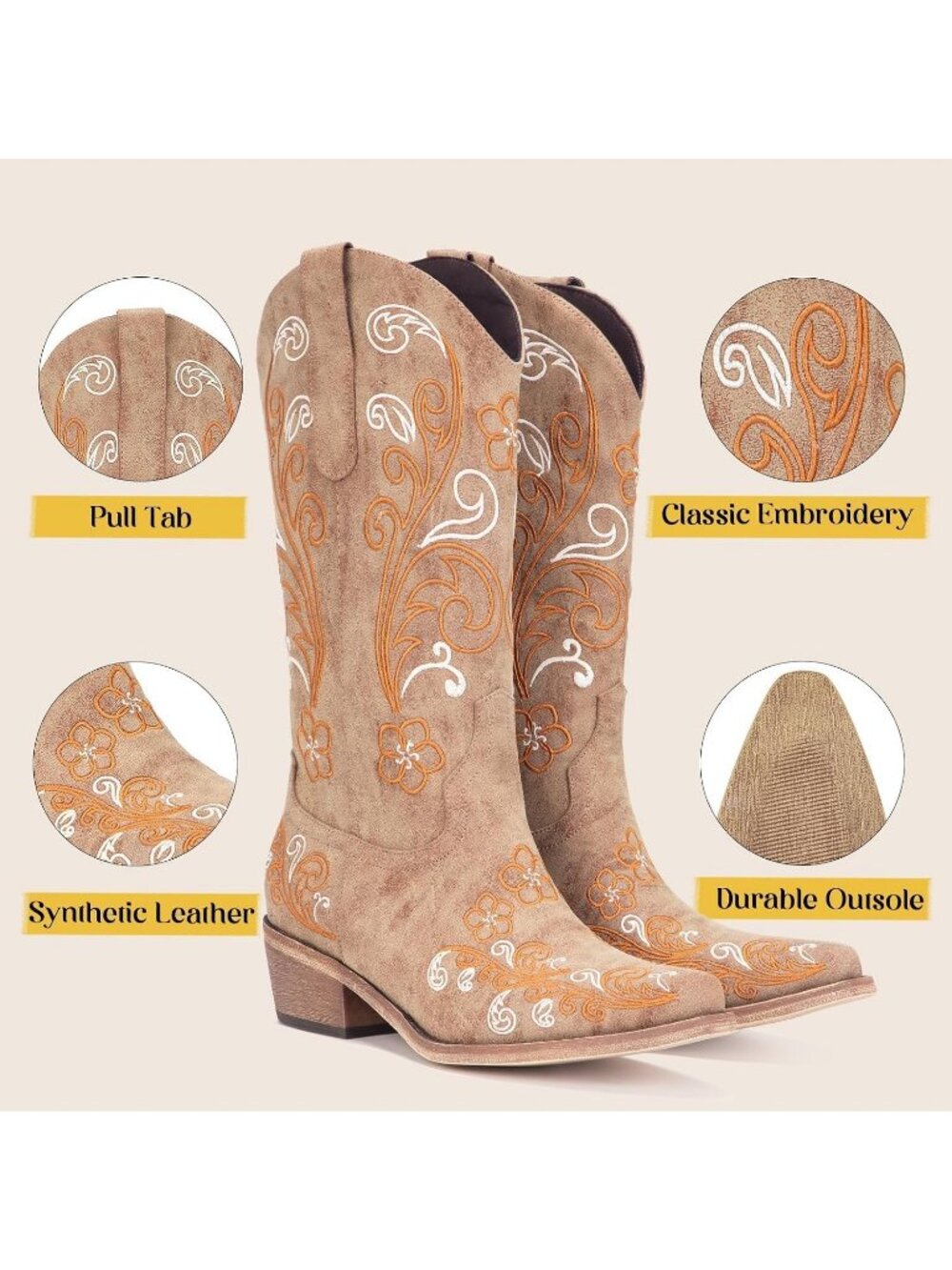 Women's Light Brown Cowgirl Boots Pointed Toe Chunky Heels Country Western Boots - Picture 5 of 7